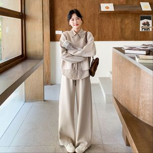 胖MM新款 春秋季 设计感卫衣条纹马甲衬衫 套装 穿搭三件套 阔腿裤 大码