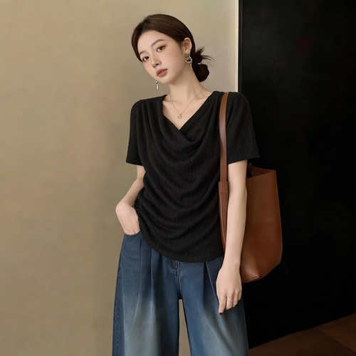 高级感黑色荡领雪纺短袖T恤女2026新款夏季大码胖MM显瘦正肩上衣