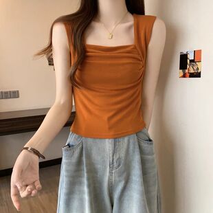 大码 显瘦短款 无袖 上衣 微胖mm甜辣褶皱方领吊带背心女外穿内搭夏季