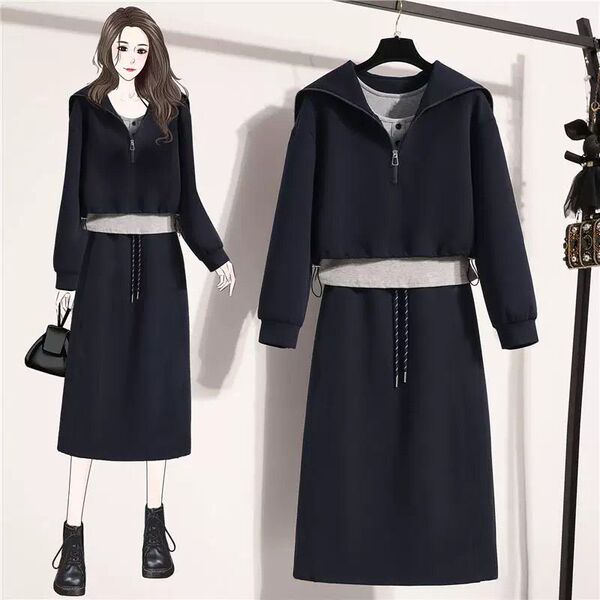 搭配一整套胖mm梨型显瘦学院风卫衣半身裙三件套装 大码 时尚 秋季 裙