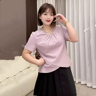 法式不规则紫色正肩V领女士T恤短袖胖MM大码夏季显瘦遮肉气质上衣