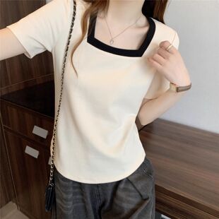 短袖 百搭宽松洋气上衣2 t恤女方领纯色胖mm大码 短款 300斤 女装 夏季