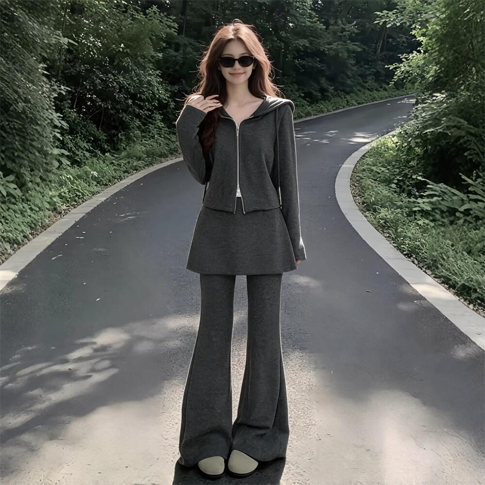 慵懒风连帽卫衣屁帘微喇裤两件套女胖mm大码春秋显瘦休闲时尚套装图片