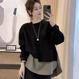 胖MM宽松显瘦遮肚子上衣300斤 新款 大码 拼接撞色假两件卫衣女秋季
