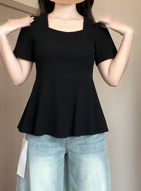 大码遮肚洋气方领黑色上衣女夏季微胖mm显瘦法式气质正肩短袖t恤