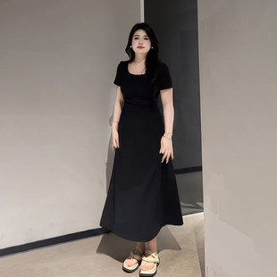 大码女装法式气质方领连衣裙夏季微胖mm收腰显瘦高级感长裙240斤