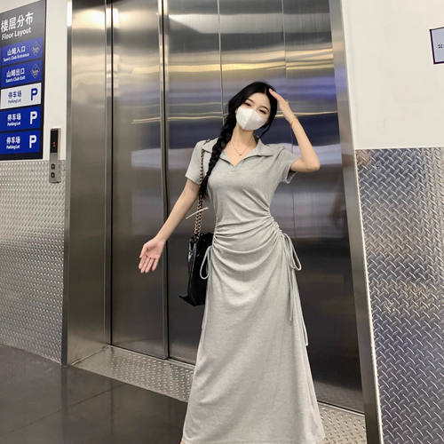 法式大码胖MM简约小众短袖夏季新款时尚收腰POLO领显瘦皱褶连衣裙