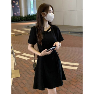 纯欲甜辣妹短袖连衣裙女装夏季新款大码胖mm韩版收腰显瘦抽绳裙子