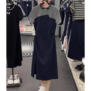 胖MM爆款 欧货拼接假两件T恤连衣裙女大码 宽松设计开叉中长裙300斤