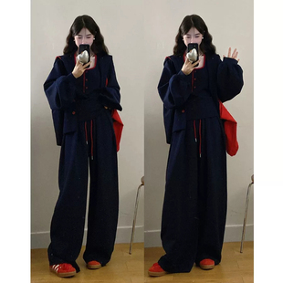 300斤大码胖mm春秋慵懒风拼色休闲连帽外套背心阔腿裤三件套女装