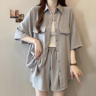 外套短裤 显瘦搭配一整套女微胖mm日系慵懒防晒衬衫 两件套 夏季 大码