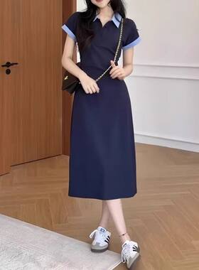 大码韩版撞色掐腰翻领短袖T恤连衣裙女夏季胖mm显瘦POLO长裙240斤