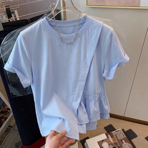 设计感蓝色短袖T恤女夏季大码胖mm显瘦正肩不规则荷叶边上衣300斤