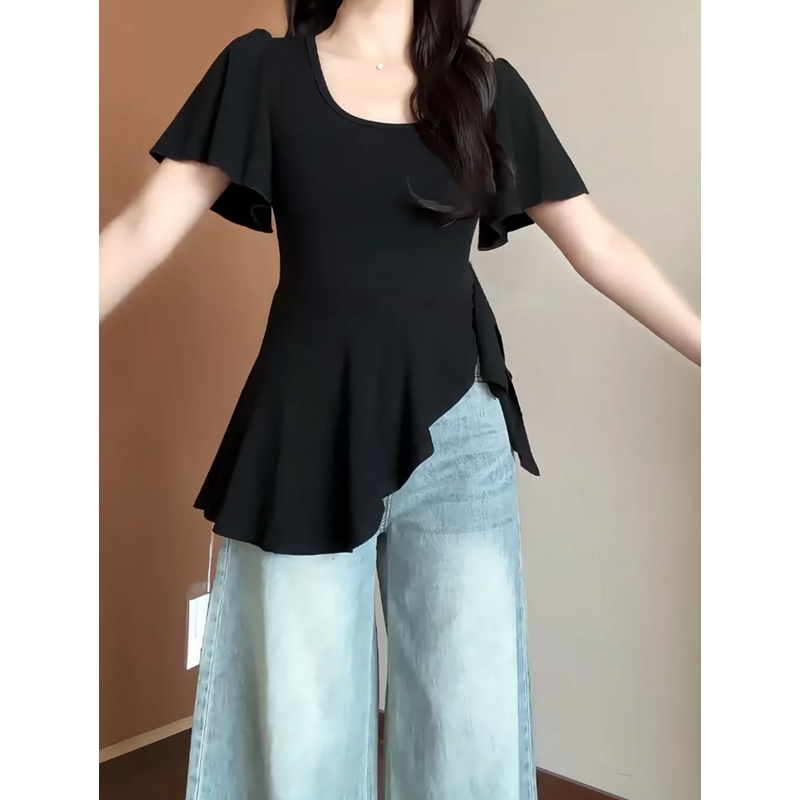 大码不规则开叉荷叶边短袖T恤女夏季胖mm遮肚显瘦洋气上衣2-300斤