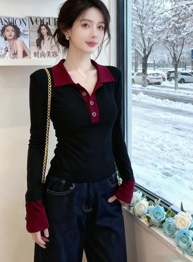 高级感POLO领拼色长袖T恤女胖MM大码秋季内搭打底衫显瘦修身上衣