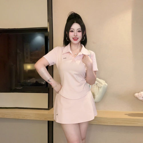 大码女装正肩POLO领短袖T恤上衣高腰裤裙子夏季胖mm休闲两件套装