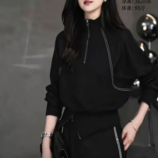 大码胖MM时尚春秋季显瘦新款女装半拉链纯色套头小众短款宽松卫衣