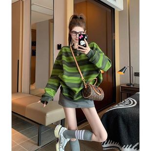 新款 大码 条纹卫衣女春秋季 时尚 胖MM宽松显瘦慵懒风上衣300斤 美式