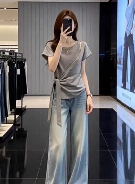 大码设计感灰色正肩短袖T恤女2026夏新款胖mm不规则显瘦遮肚上衣