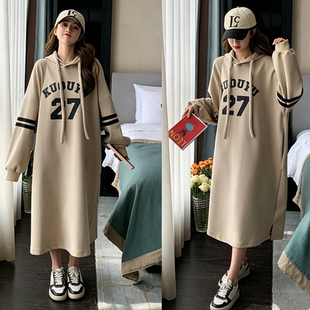 韩版休闲连帽卫衣裙胖妹妹大码春秋季宽松显瘦长袖连衣裙长款裙子