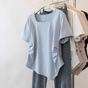 新款 大码 T恤夏季 短袖 宽松显瘦不规则方口领上衣 胖MM韩系简约女装