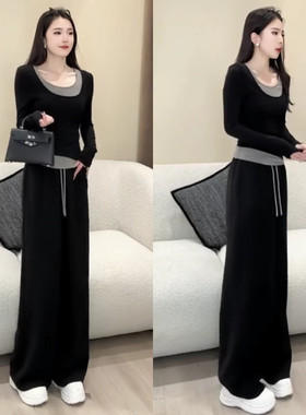 胖mm大码春秋季女士时尚显瘦假两件长袖T恤休闲阔腿裤穿搭两件套