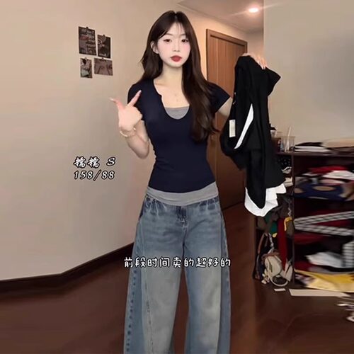 大码美式复古假两件短袖T恤女