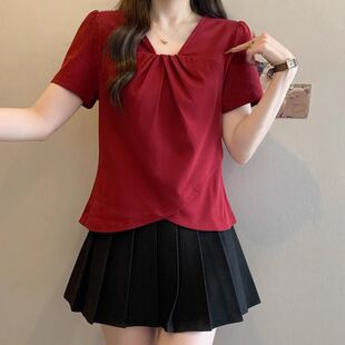 韩版正肩短袖T恤女夏季新款大码女装不规则胖妹妹显瘦上衣240斤