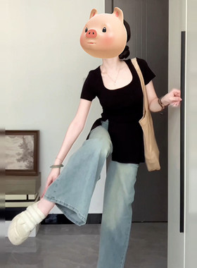 黑色u领正肩短袖t恤女夏季微胖MM大码设计感小众独特别致开叉上衣