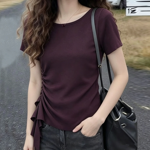 褶皱设计感飘带短袖t恤女胖mm大码夏季收腰显瘦小众别致上衣240斤