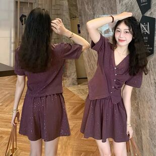 大码胖mm时尚夏季短裙套装一整套新款亮片短袖宽松显瘦两件套女潮