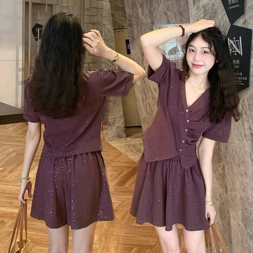 大码胖mm时尚夏季短裙套装一整套新款亮片短袖宽松显瘦两件套女潮