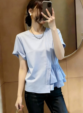 不规则荷叶边蓝色正肩短袖T恤女夏季大码胖mm设计感显瘦上衣300斤