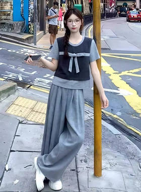 大码女装慵懒风设计感蝴蝶结短袖阔腿裤两件套胖mm休闲时尚套装夏