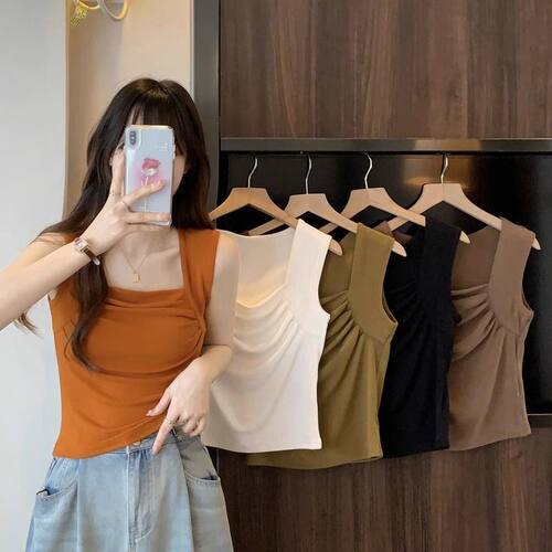大码胖MM褶皱设计感方领背心吊带女夏季外穿修身短款无袖上衣小衫