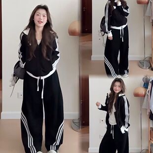 高级感运动套装女胖MM大码秋冬美式立领撞色卫衣阔腿裤休闲两件套