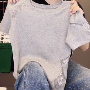 新款 t恤女夏季 胖mm显瘦遮肉蕾丝镂空上衣240斤 高级感正肩短袖 大码