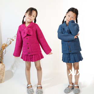 重工MP女童桃心领结开衫套装儿童厚针织衫外套裙裤宝宝毛衣外穿