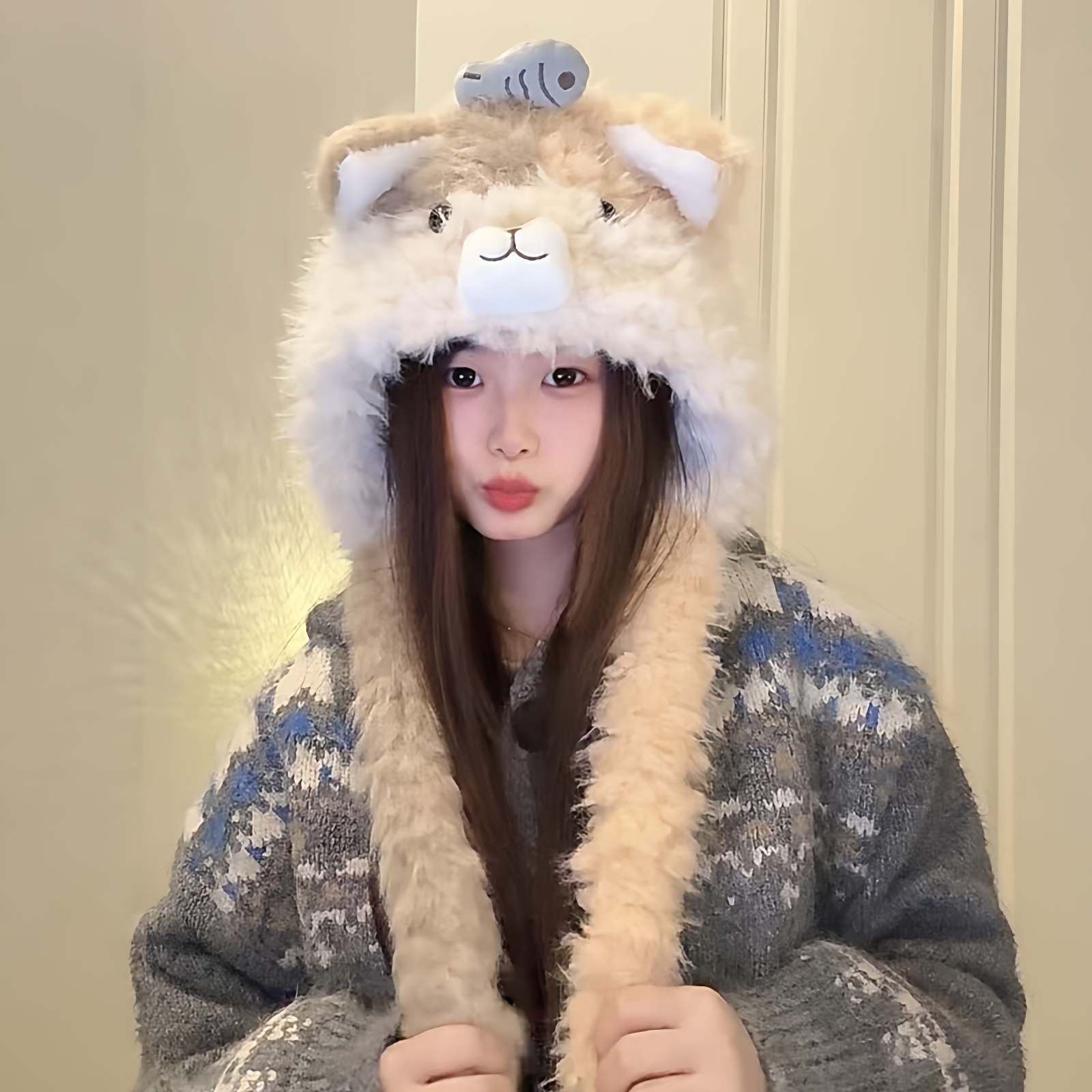 耳朵会动的考拉毛绒帽子