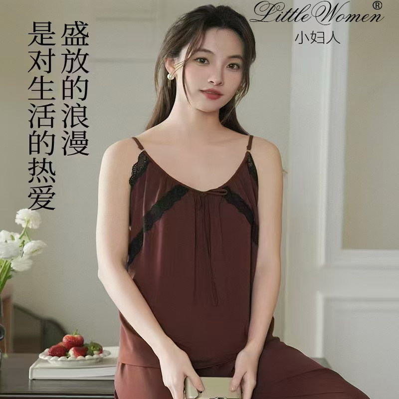 LITTLEWOMEN夏季吊带长裤家居服短裤花边蕾丝纯欲牛奶丝家居服图片
