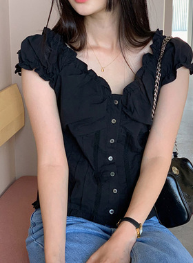 24夏季love-minuet时尚百搭简约气质V领单排扣短袖棉料修身女衬衫