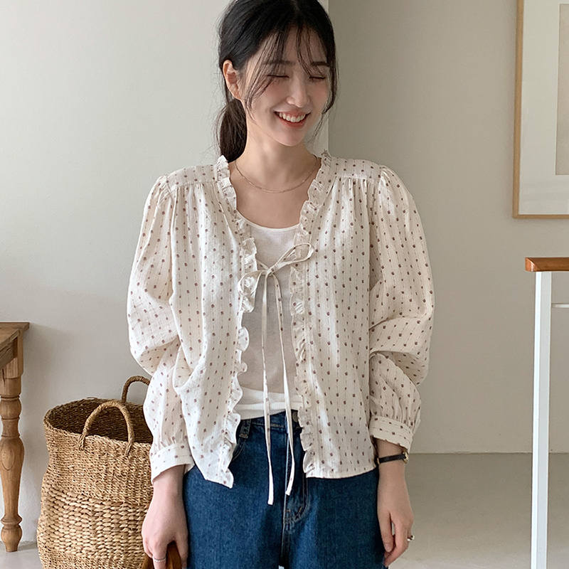 宽松甜美开衫长袖棉女衬衫