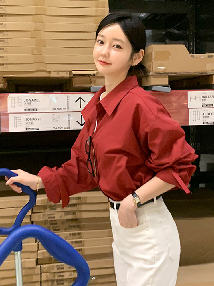 2024春夏minsshop时尚百搭简约气质翻领单排扣长袖净色棉料女衬衫