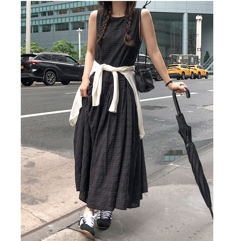森女文艺发棉料格子连衣裙长款