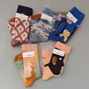 BM法国小众潮趣味油画系袜子风格 文艺彩色中筒袜棉袜小众女潮袜子