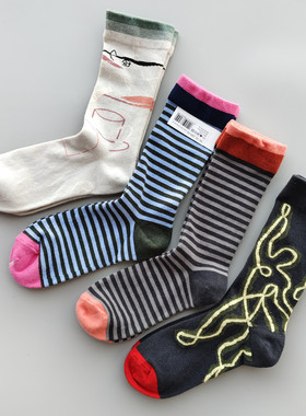 法国潮牌BM小众袜子趣味油画文艺色彩涂鸦中筒女棉袜条纹四季款
