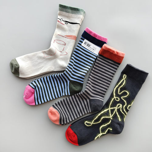 法国潮牌BM小众袜子趣味油画文艺色彩涂鸦中筒女棉袜条纹四季款