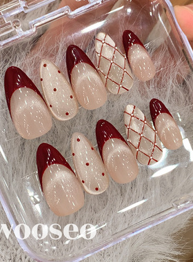 法式猫眼穿戴甲中长款高级感手工指甲贴片2025年新款红色穿戴美甲