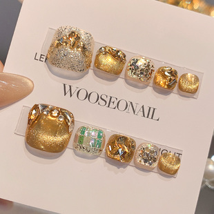 金色猫眼穿戴甲脚高级感纯手工脚趾甲美甲贴片2025新款 脚指甲美甲