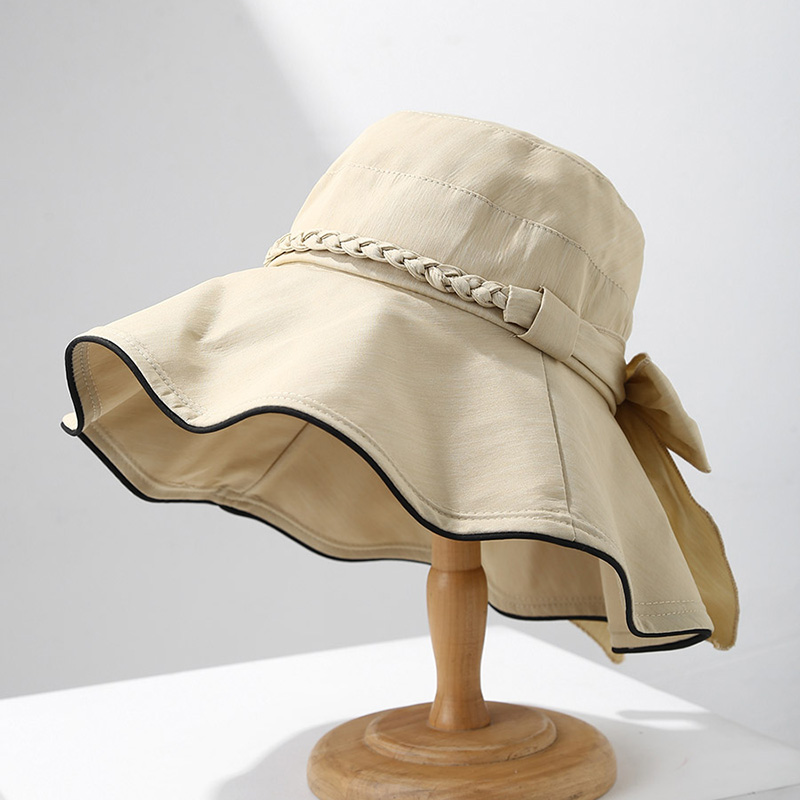 波浪边遮阳布帽夏防紫外线蝴蝶结渔夫帽大檐沙滩遮阳帽防晒太阳帽